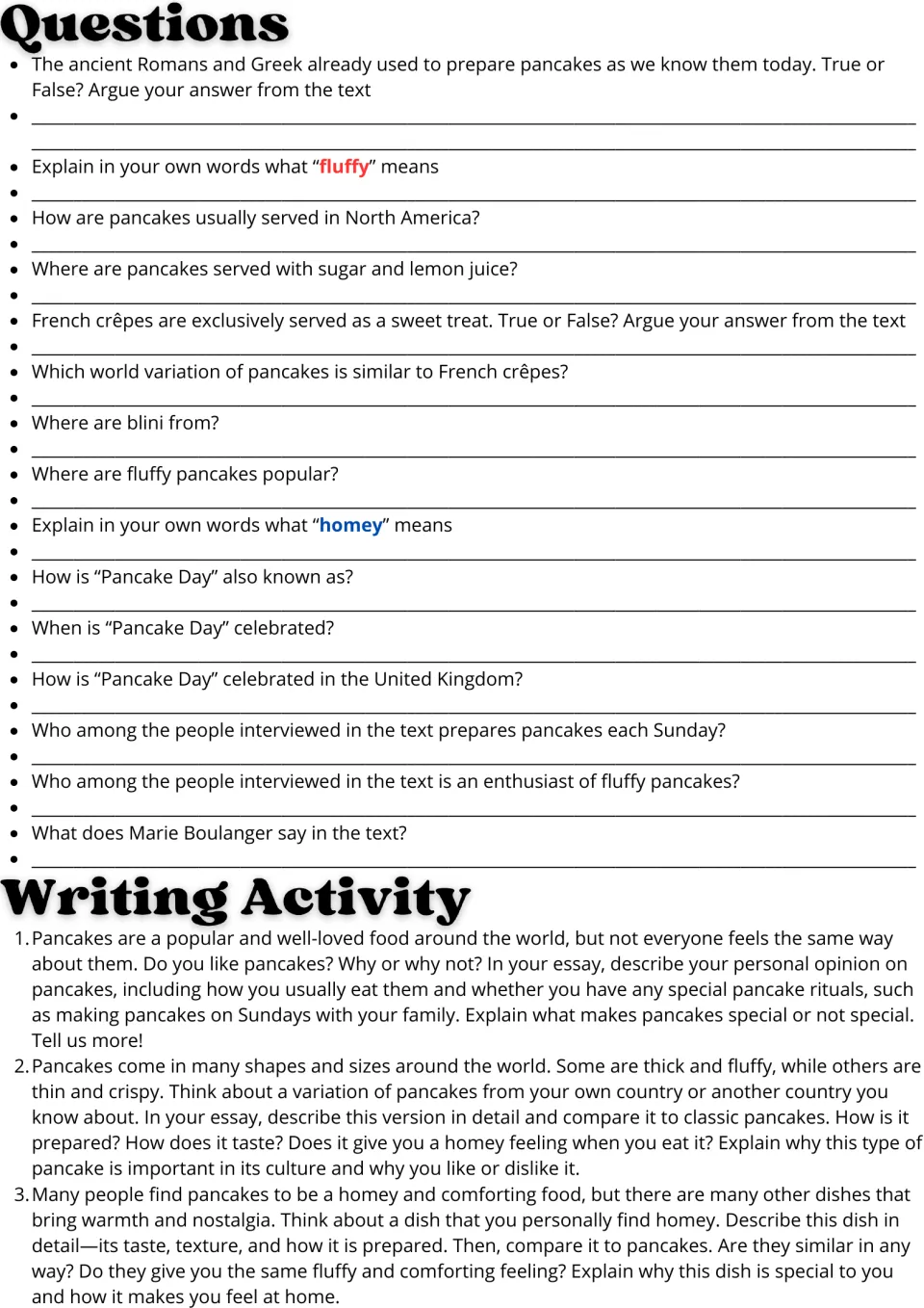 Pancake reading follow-up: 15 comprehension questions and three essay prompts on tastes, culture, and comfort