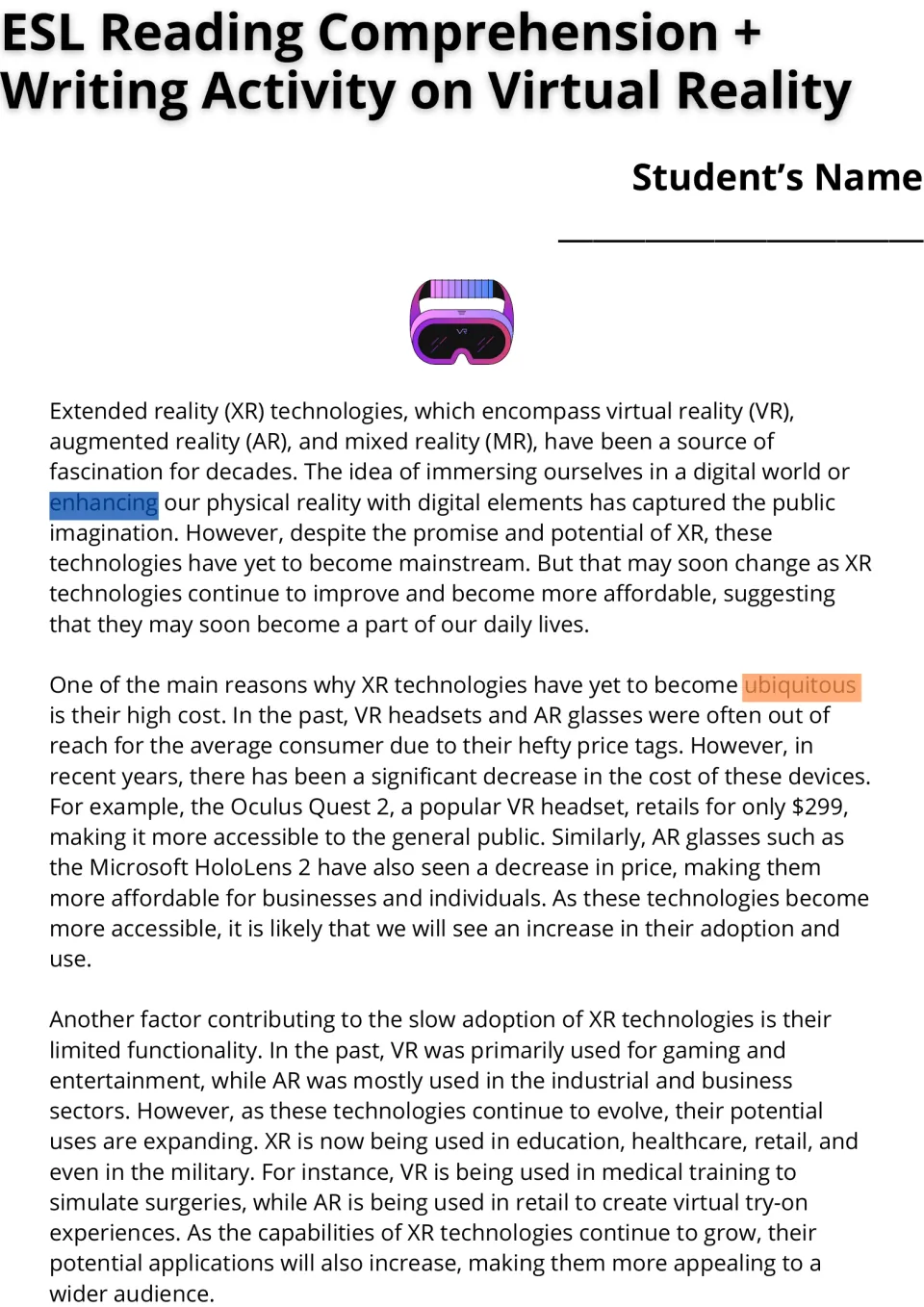 Extended reality reading passage: students read about XR cost and uses, with enhancing and ubiquitous highlighted
