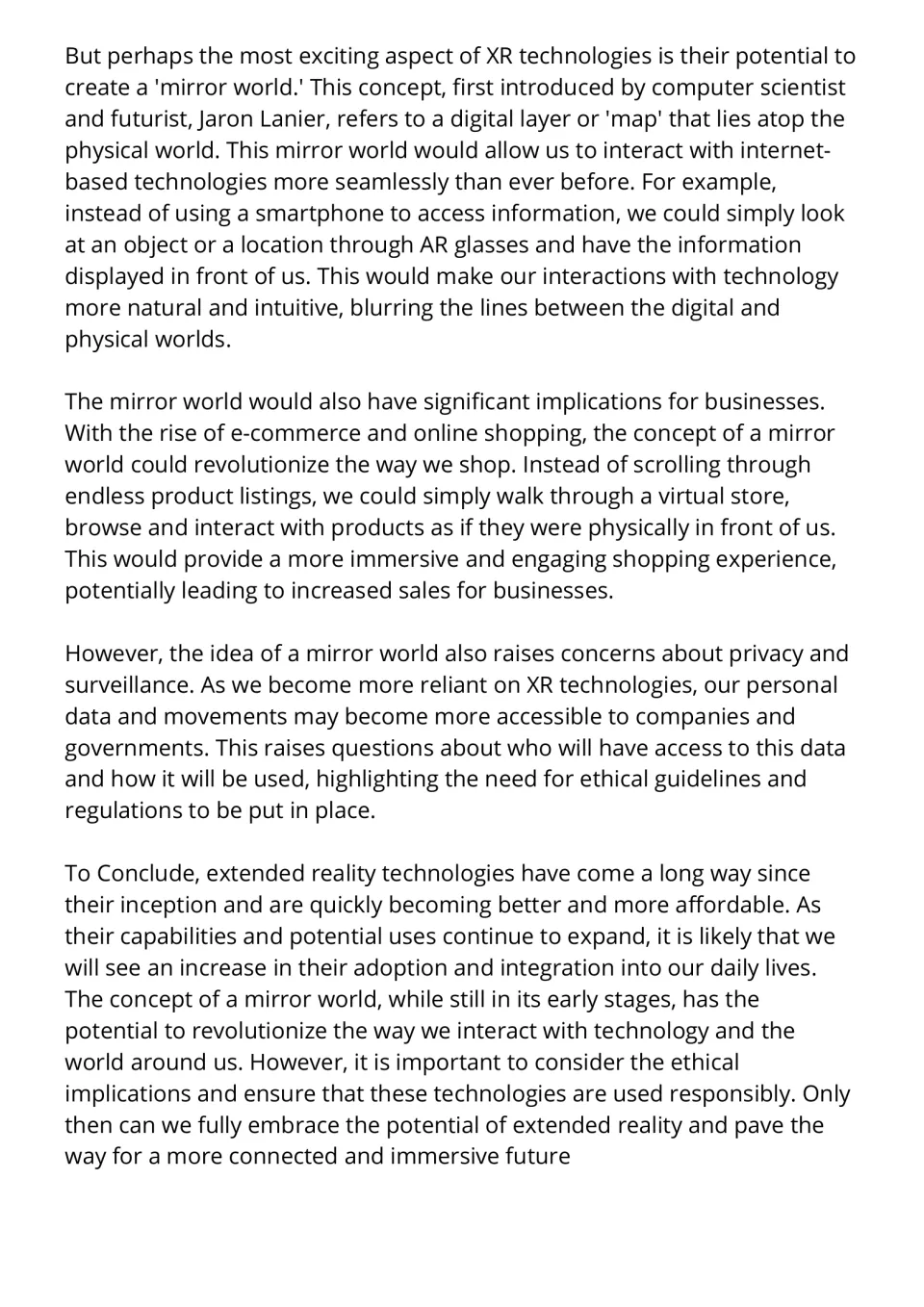Mirror world passage continued: students read about Jaron Lanier's idea, virtual shopping and privacy concerns