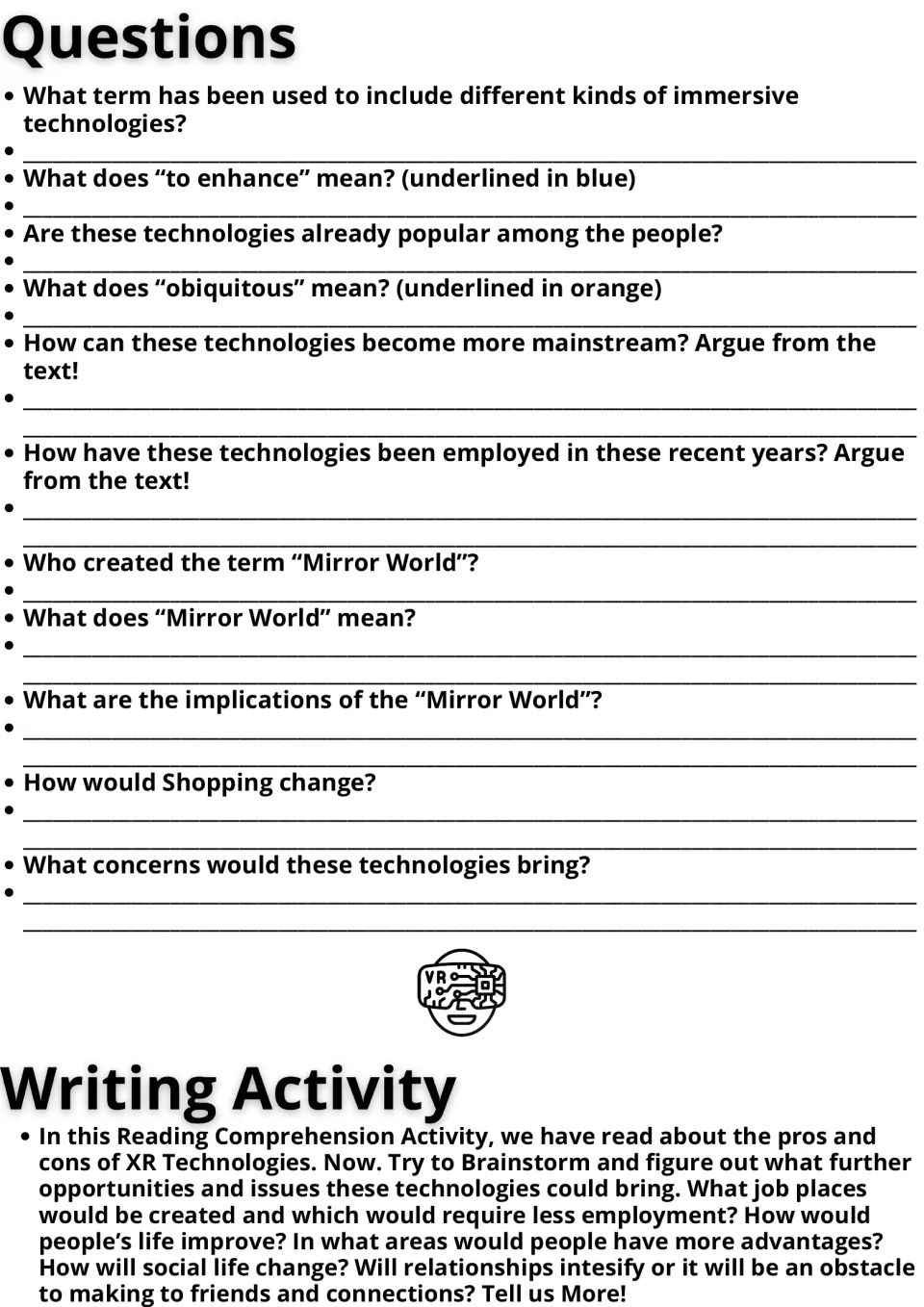 Questions on the XR text: 11 vocabulary and comprehension items, then a writing prompt on future jobs and social life