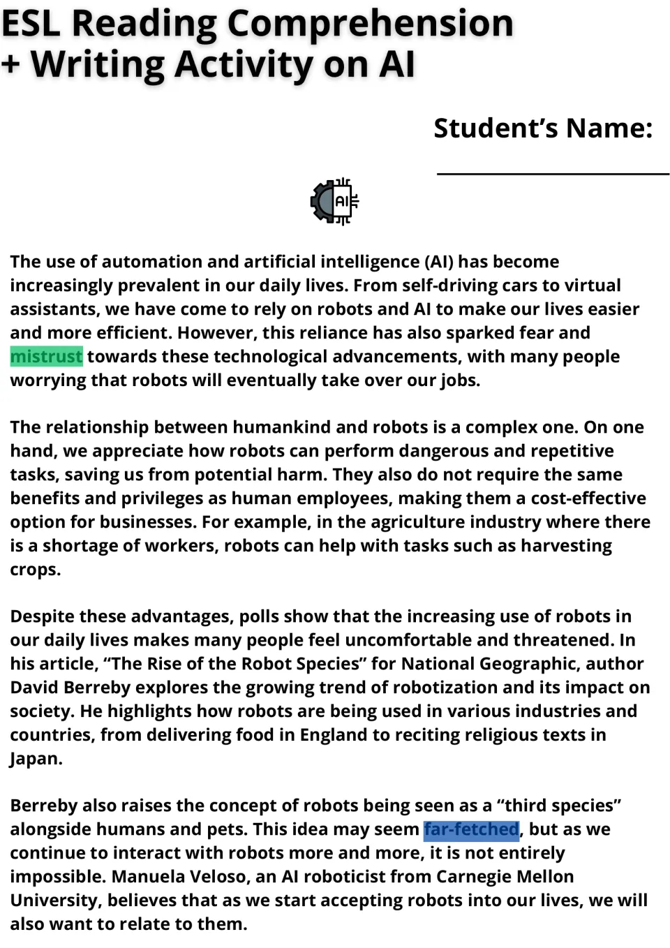 ESL reading passage opening on AI in daily life, robots at work, mistrust, and robots as a third species.