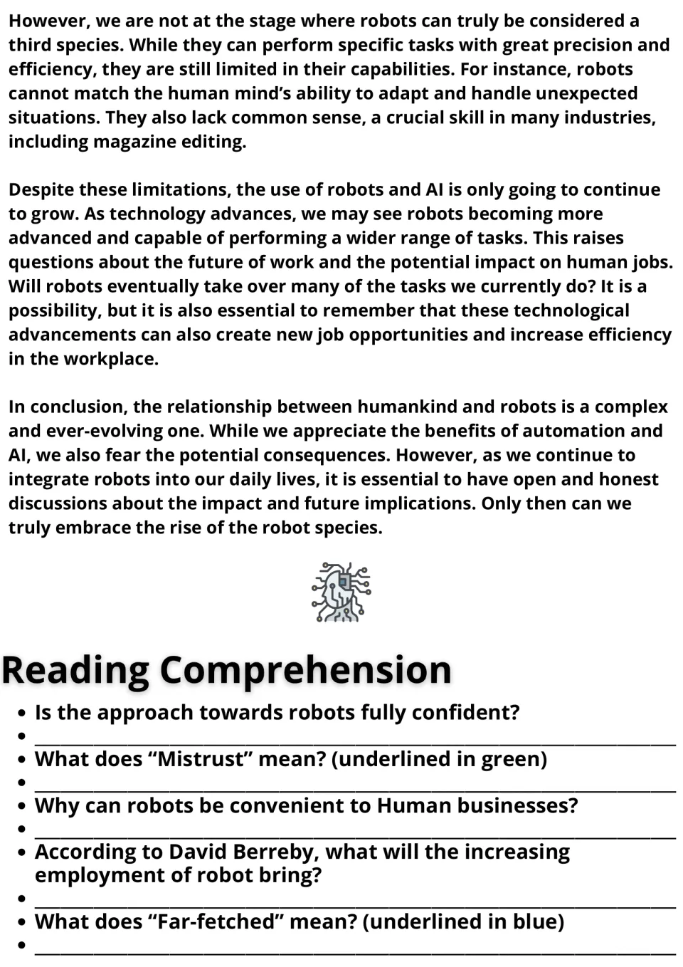 ESL passage conclusion on robot limitations and future jobs, followed by comprehension questions 1–5.
