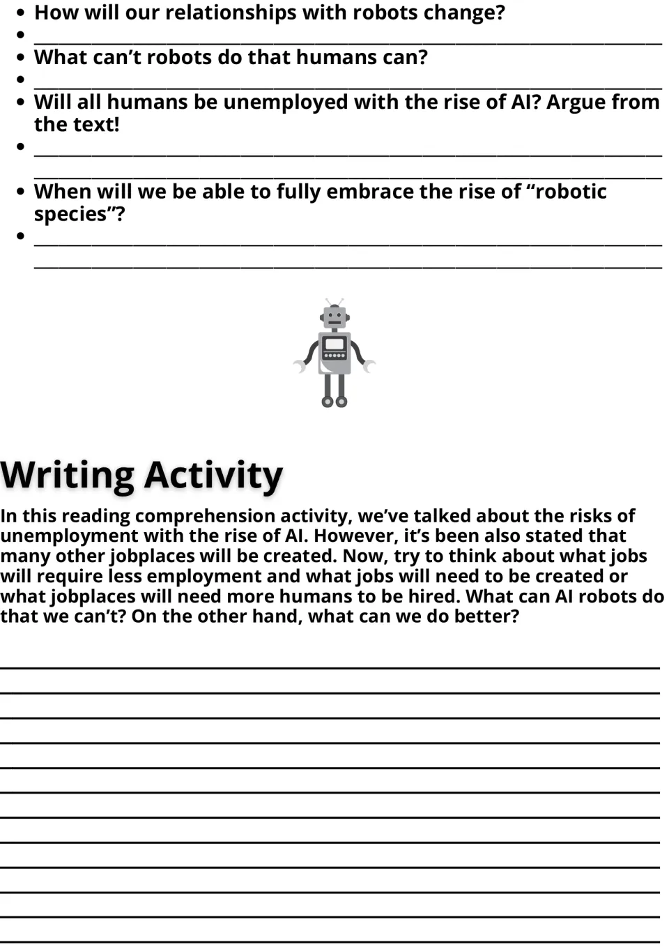 ESL comprehension questions 6–9 and an essay prompt on AI, changing jobs, and human versus robot abilities.
