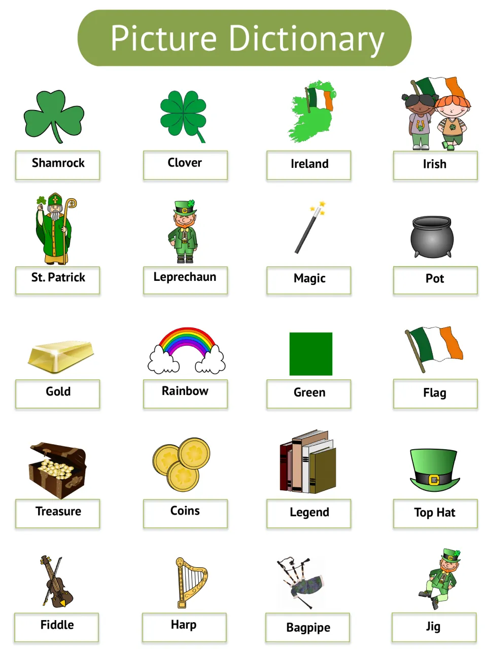 St. Patrick's Day picture dictionary introduces 20 words, including shamrock, clover, Ireland, and Irish.