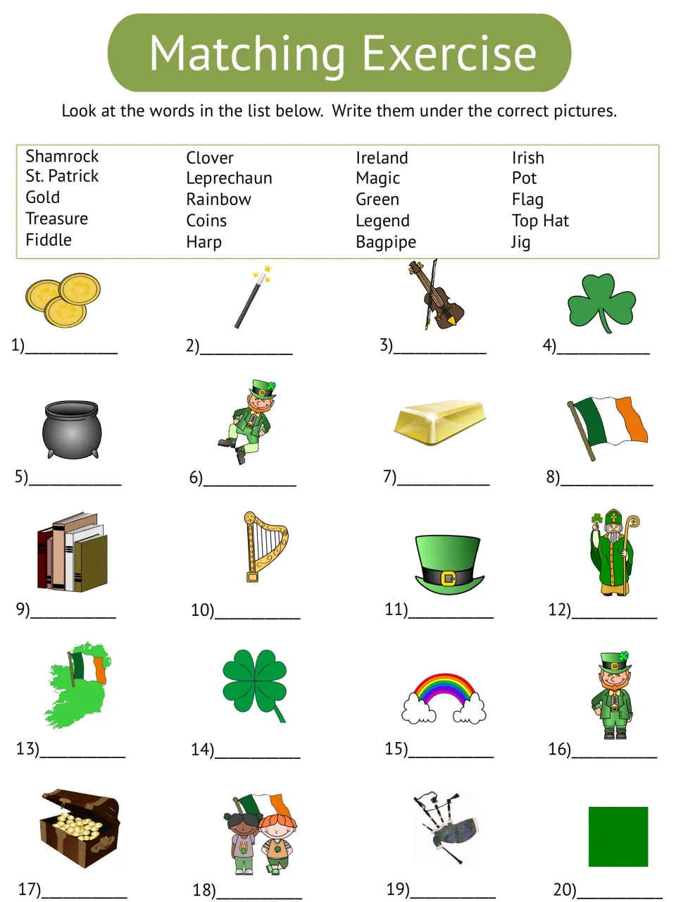 Vocabulary matching exercise asks students to label 20 pictures using words such as coins, magic, and fiddle.