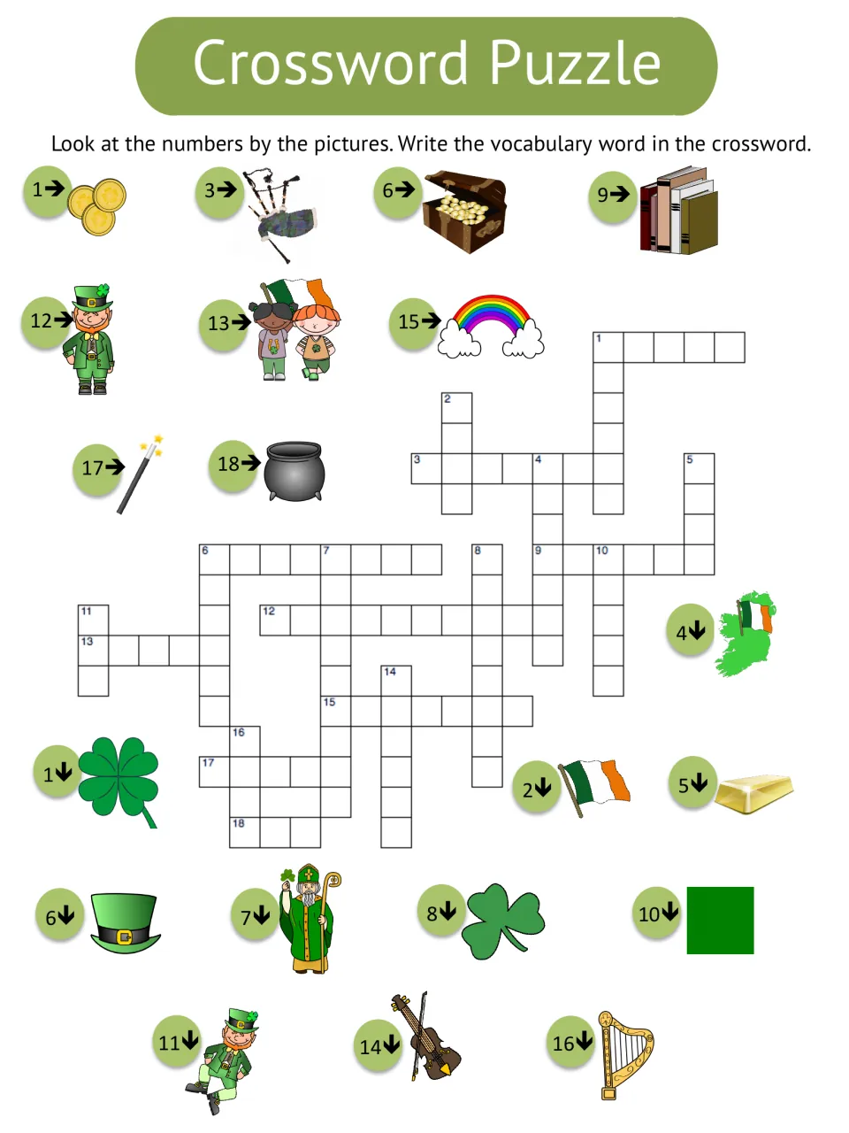 Picture-clue crossword practices 20 vocabulary words, including coins, bagpipe, treasure, and Ireland.