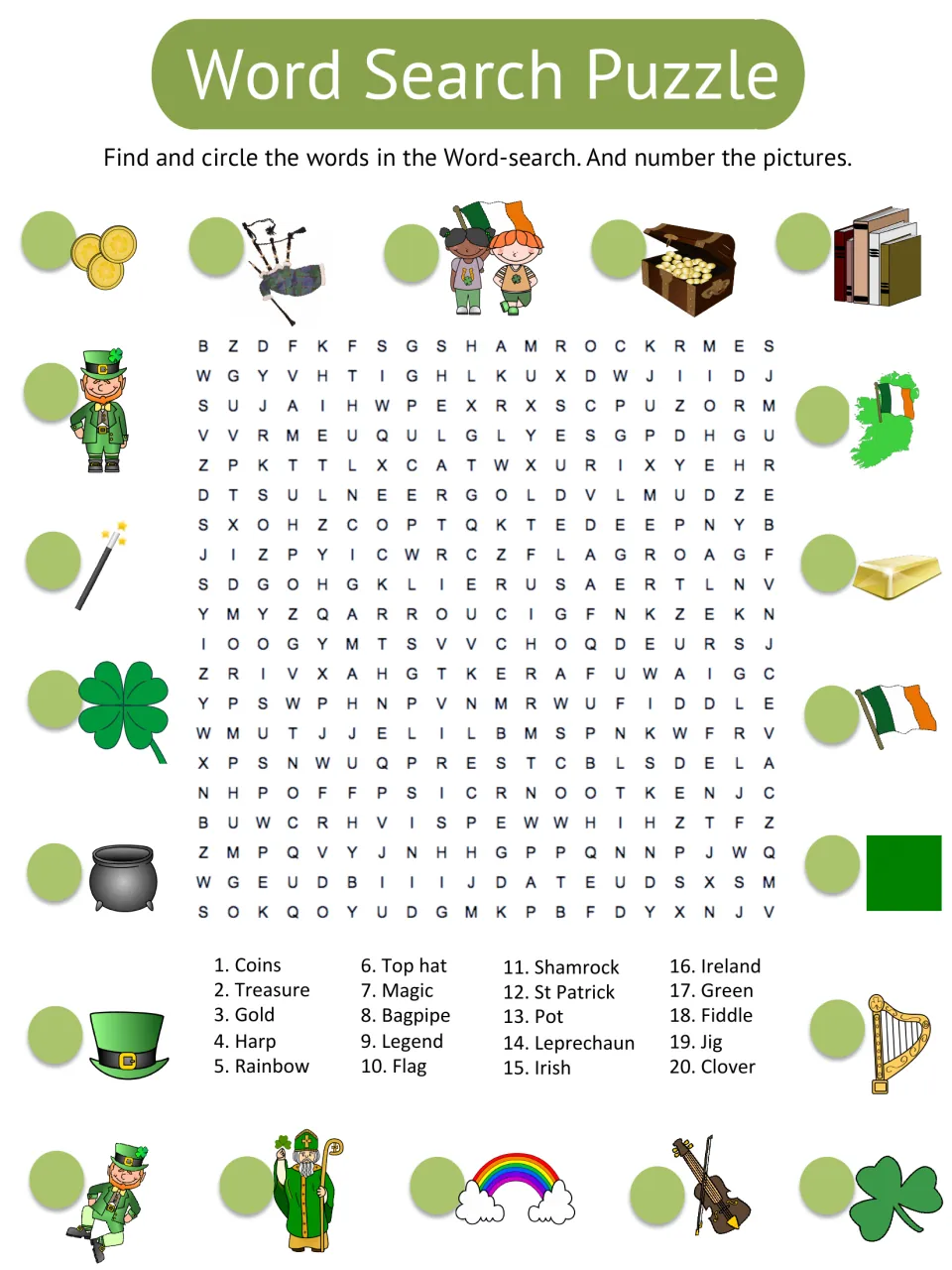 Vocabulary word search asks students to find 20 words and number matching pictures, including coins and harp.
