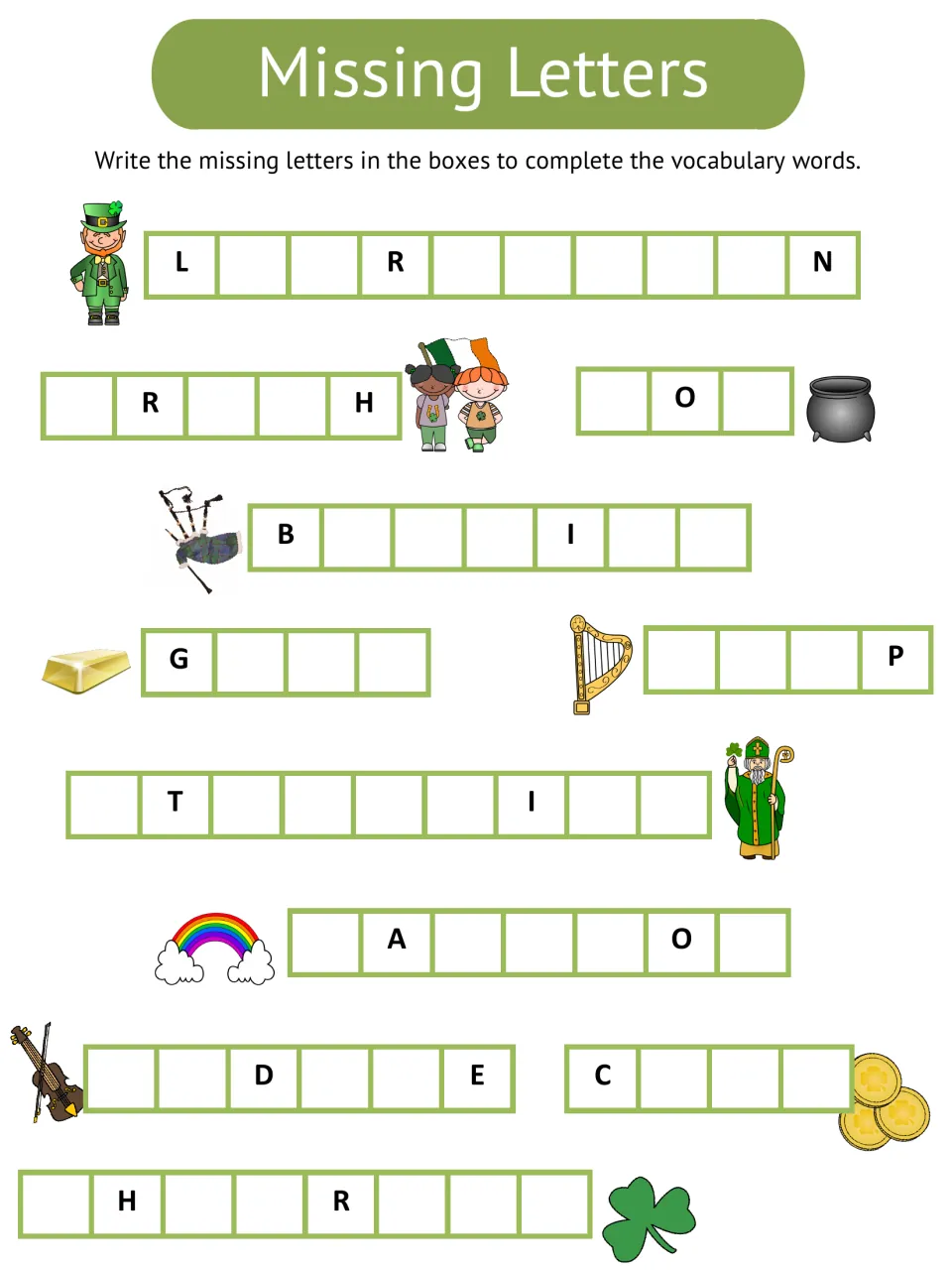 Missing-letter practice uses picture clues for leprechaun, Irish, pot, bagpipe, gold, harp, and five more words.