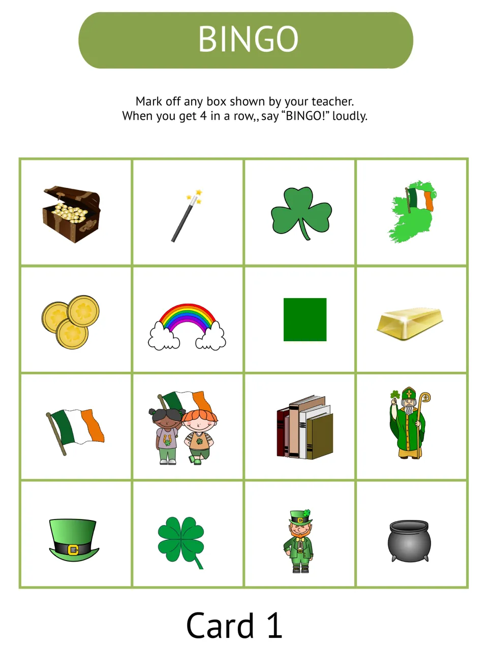 Picture bingo card 1 contains 16 vocabulary pictures, including treasure, magic, shamrock, and Ireland.