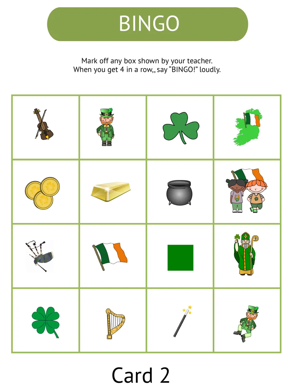 Picture bingo card 2 contains 16 vocabulary pictures, including fiddle, leprechaun, shamrock, and Ireland.