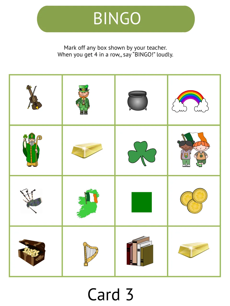 Picture bingo card 3 has 16 pictures, including fiddle, leprechaun, pot, rainbow, and two gold pictures.