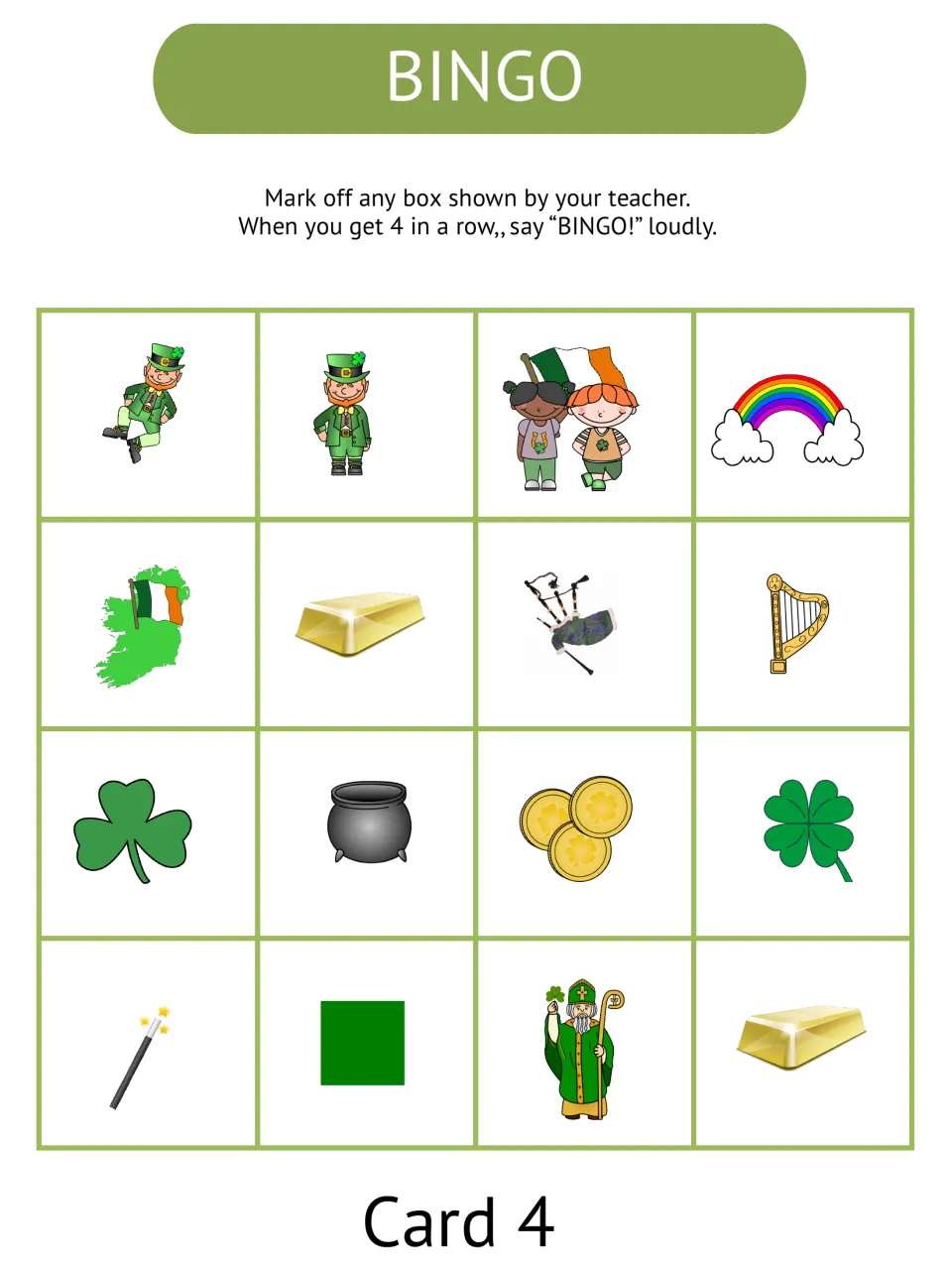 Picture bingo card 4 has 16 pictures, including jig, leprechaun, Irish, rainbow, and two gold pictures.