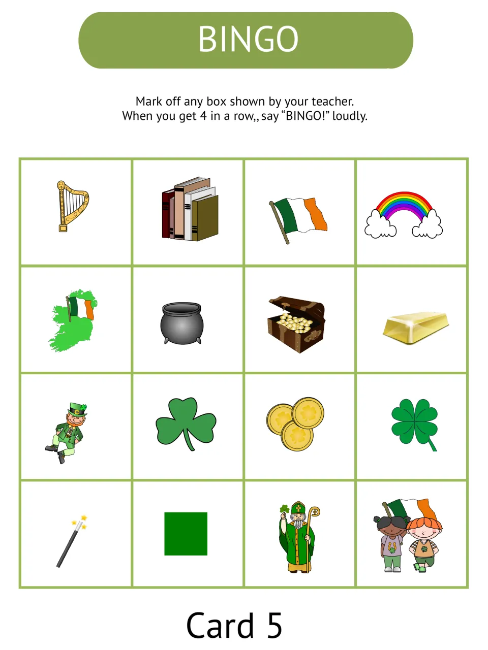 Picture bingo card 5 contains 16 vocabulary pictures, including harp, legend, flag, rainbow, and treasure.