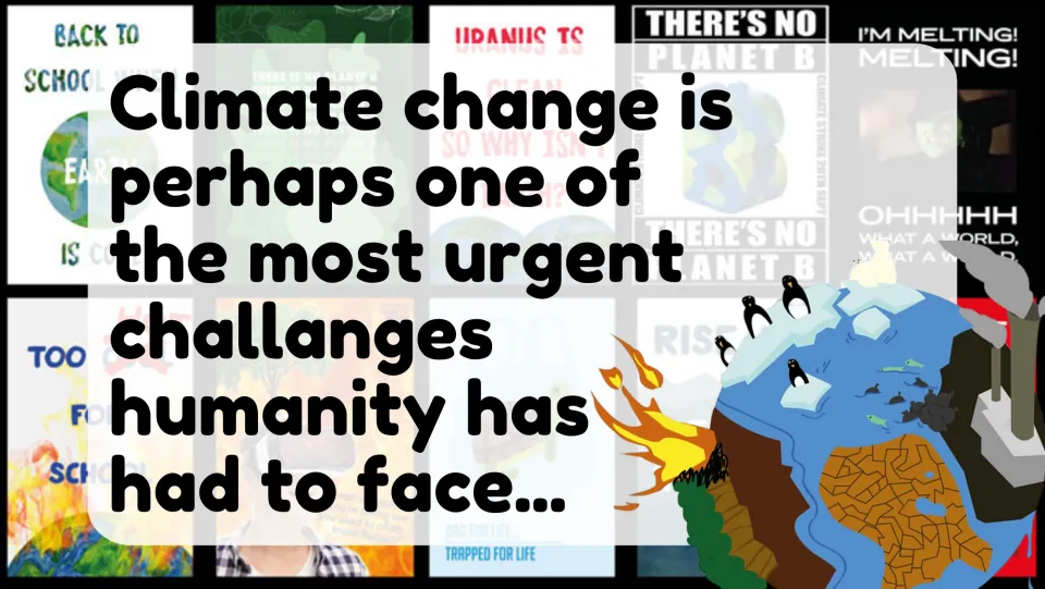 Climate change intro slide stating it is one of humanity's most urgent challenges, beside a polluted, burning Earth
