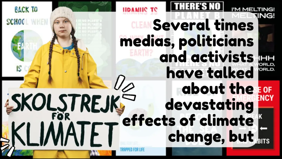 Climate talk slide: media, politicians and activists discuss its effects, shown with a 'Skolstrejk for klimatet' sign