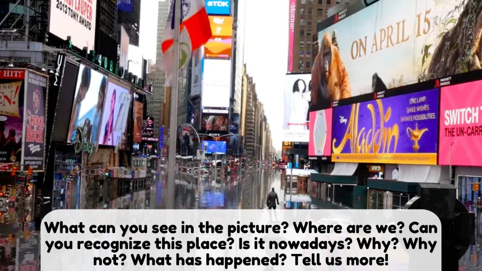 Picture description: students describe a flooded Times Square and answer where it is, what happened and why