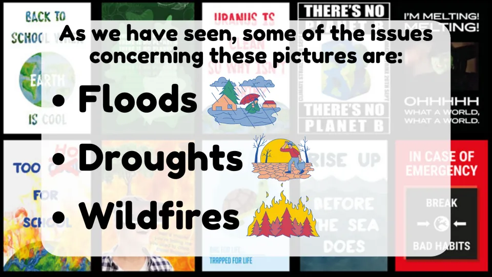 Recap slide naming the issues from the pictures: floods, droughts and wildfires, each with a small illustration