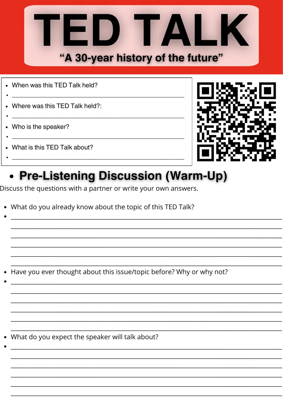 TED Talk warm-up on "A 30-year history of the future": students note date, place and speaker, then predict the topic