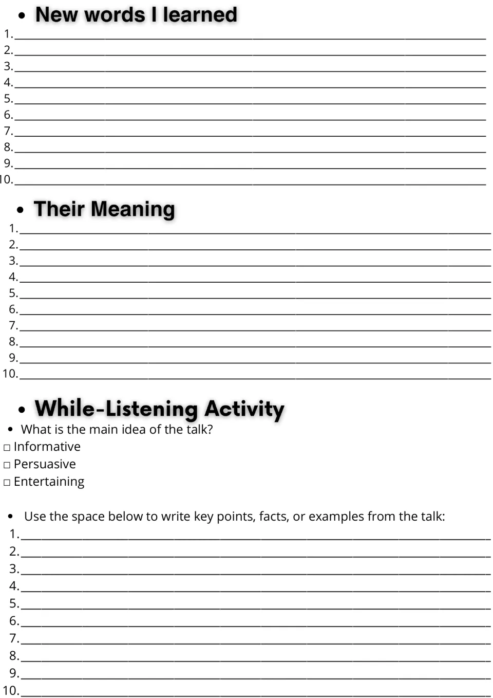 Vocabulary and listening: students list 10 new words with meanings, pick the talk's purpose and note 10 key points