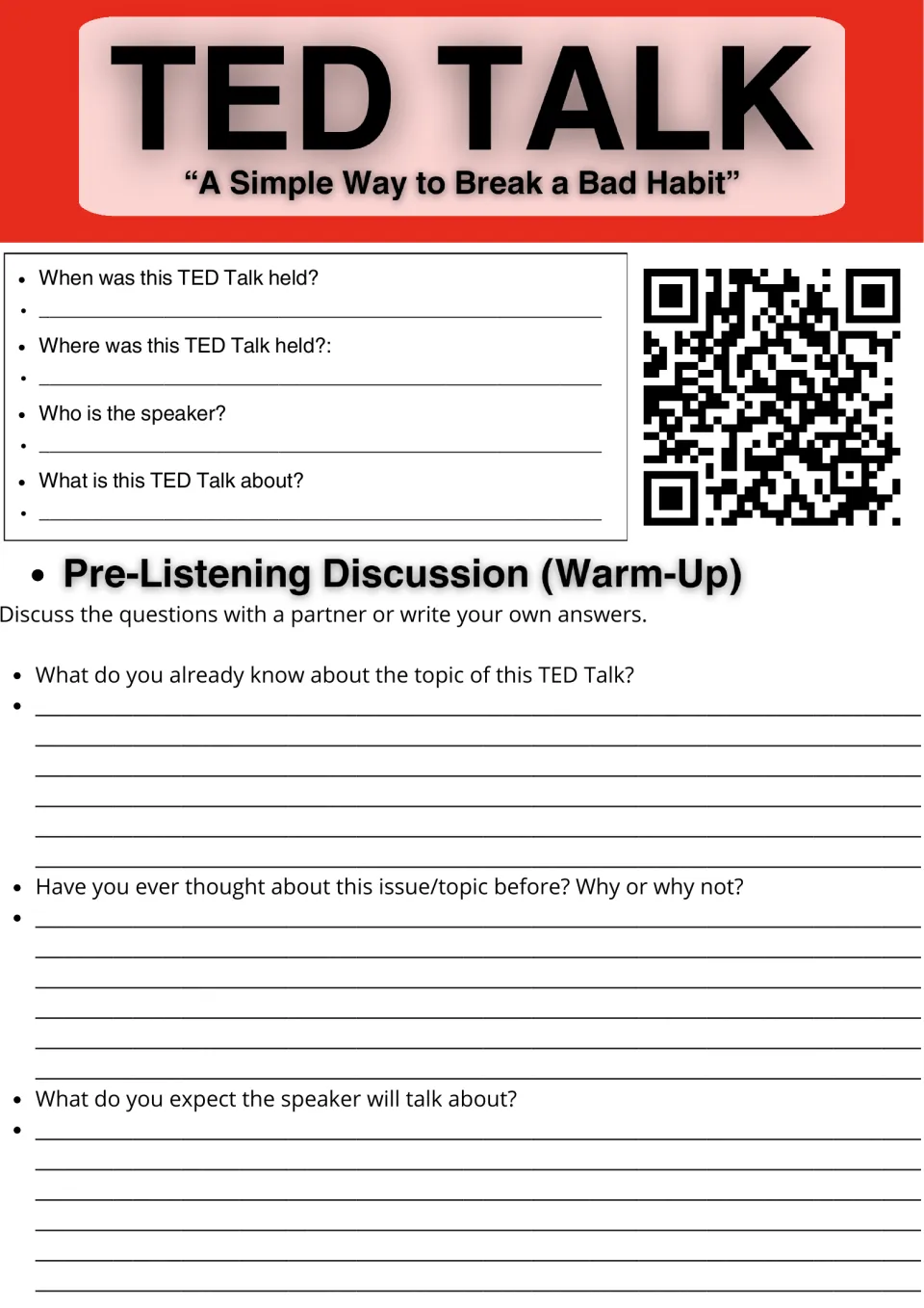 TED Talk on breaking a bad habit: students note the date, place and speaker, then answer pre-listening warm-up questions