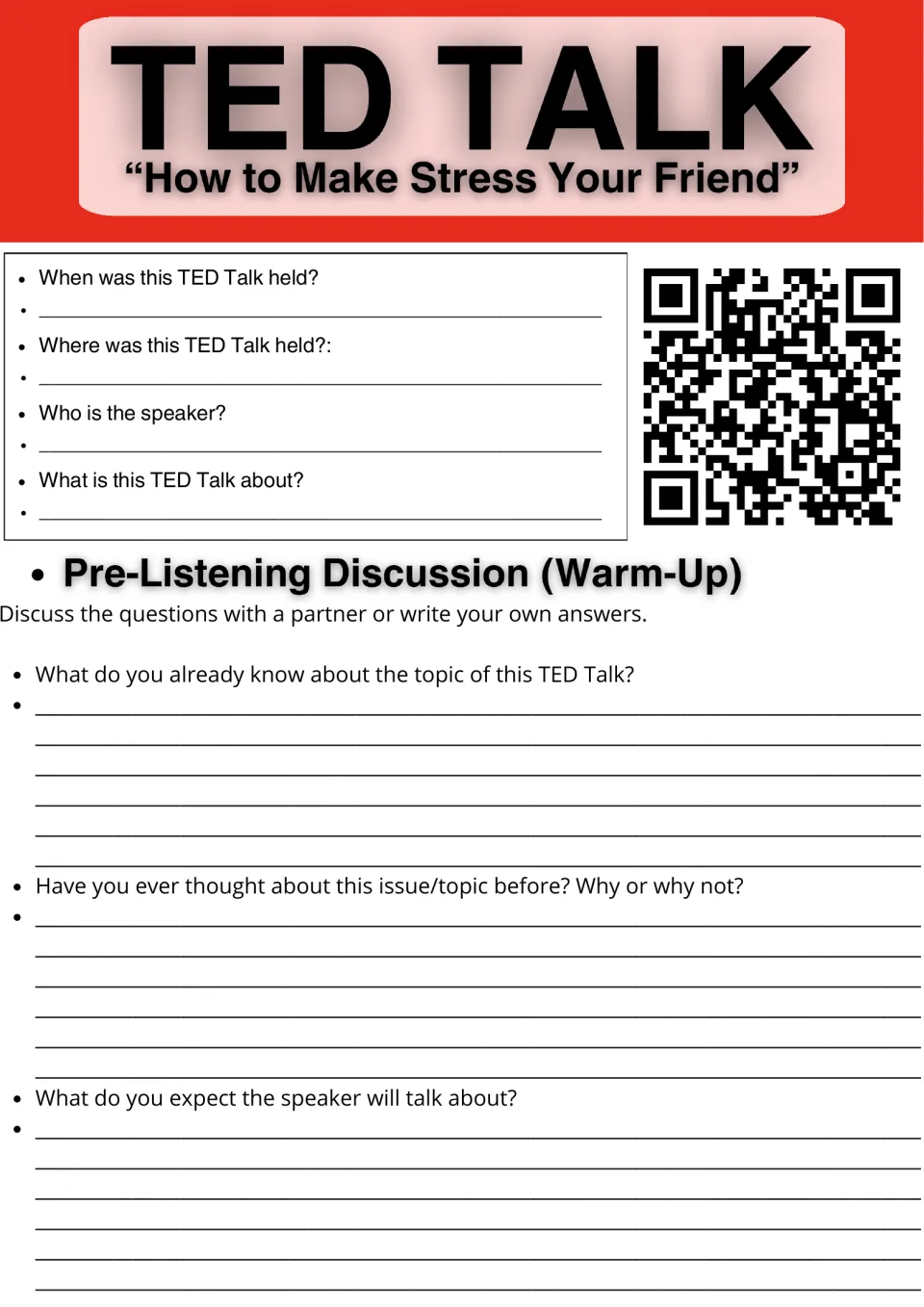 TED Talk on making stress your friend: students note date, place and speaker, then answer pre-listening warm-up questions