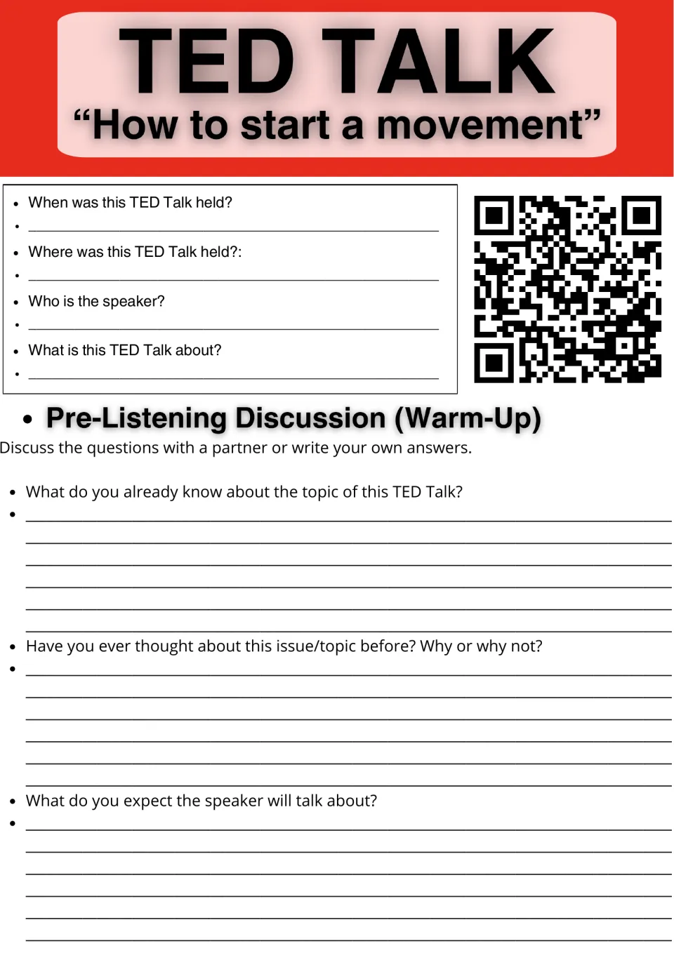 How to start a movement TED Talk: students note date, place and speaker, then answer pre-listening warm-up questions