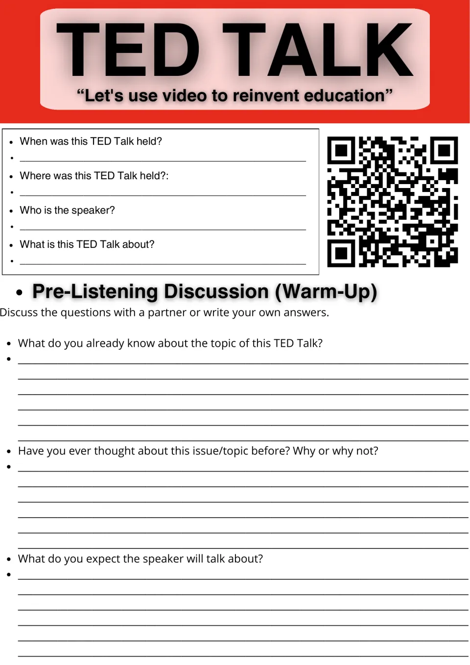 Video-in-education TED Talk warm-up: students record date, place and speaker, then answer 3 pre-listening questions