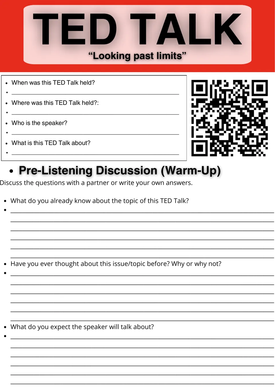 TED Talk "Looking past limits": students note date, place and speaker, then answer three pre-listening warm-up questions