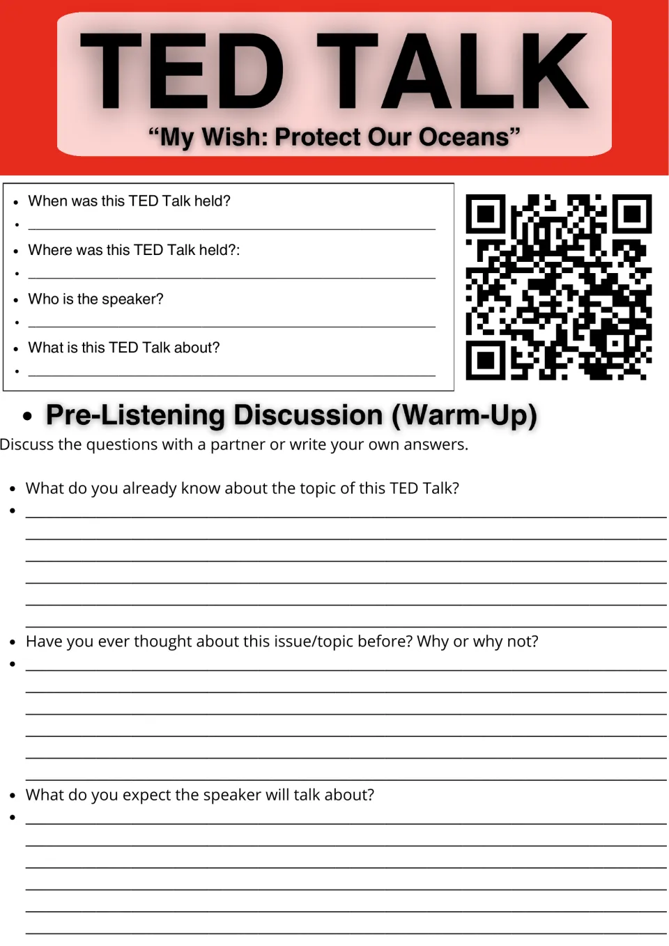 Ocean protection TED Talk warm-up: students note date, place and speaker, then discuss what they know and expect