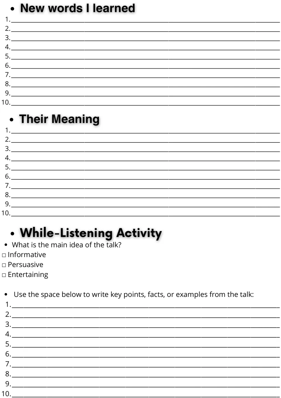Vocabulary and listening notes: students list 10 new words and meanings, pick the talk's purpose and record 10 key points