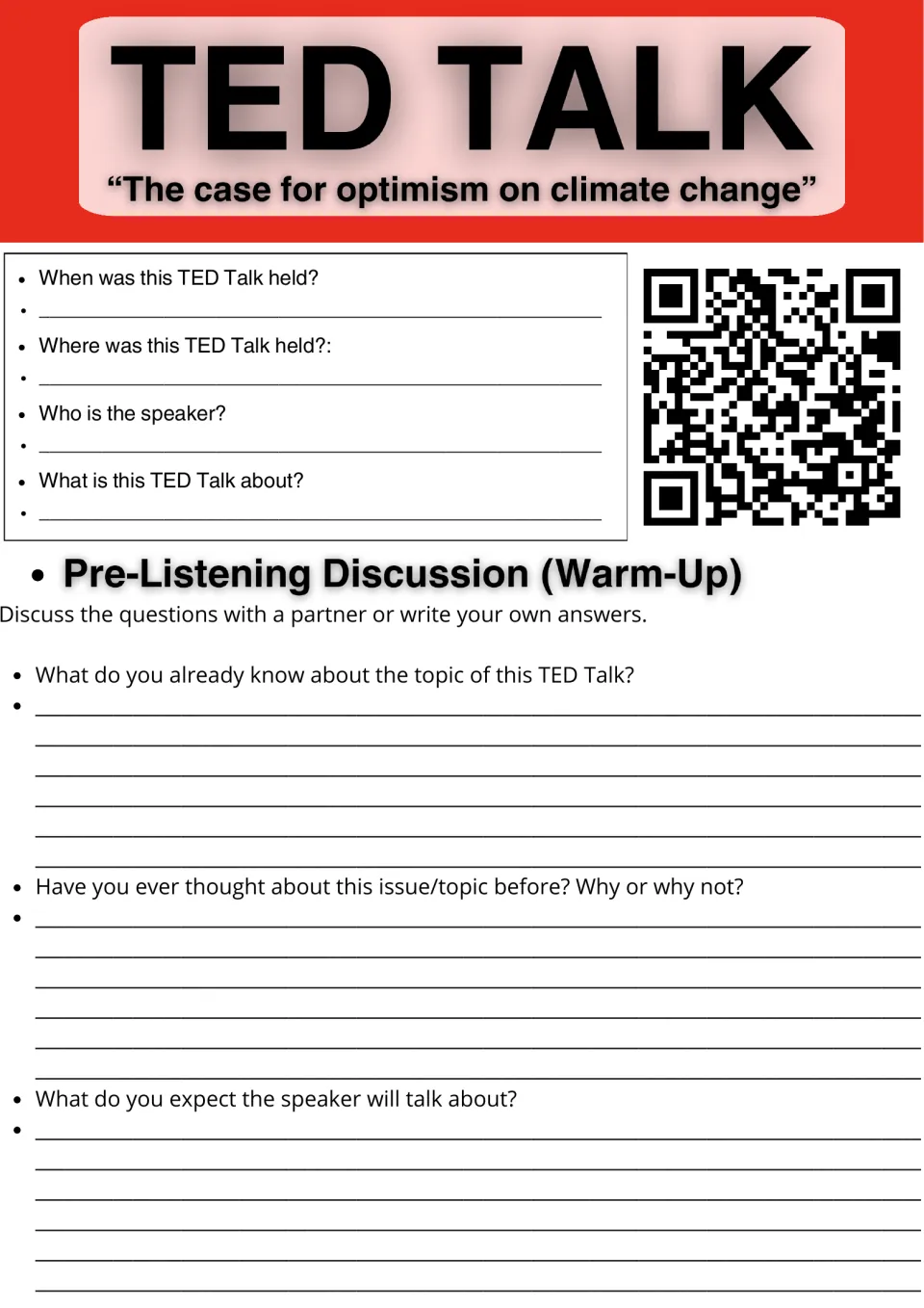 Climate optimism TED Talk warm-up: students note date, place, speaker and topic, then discuss what they already know