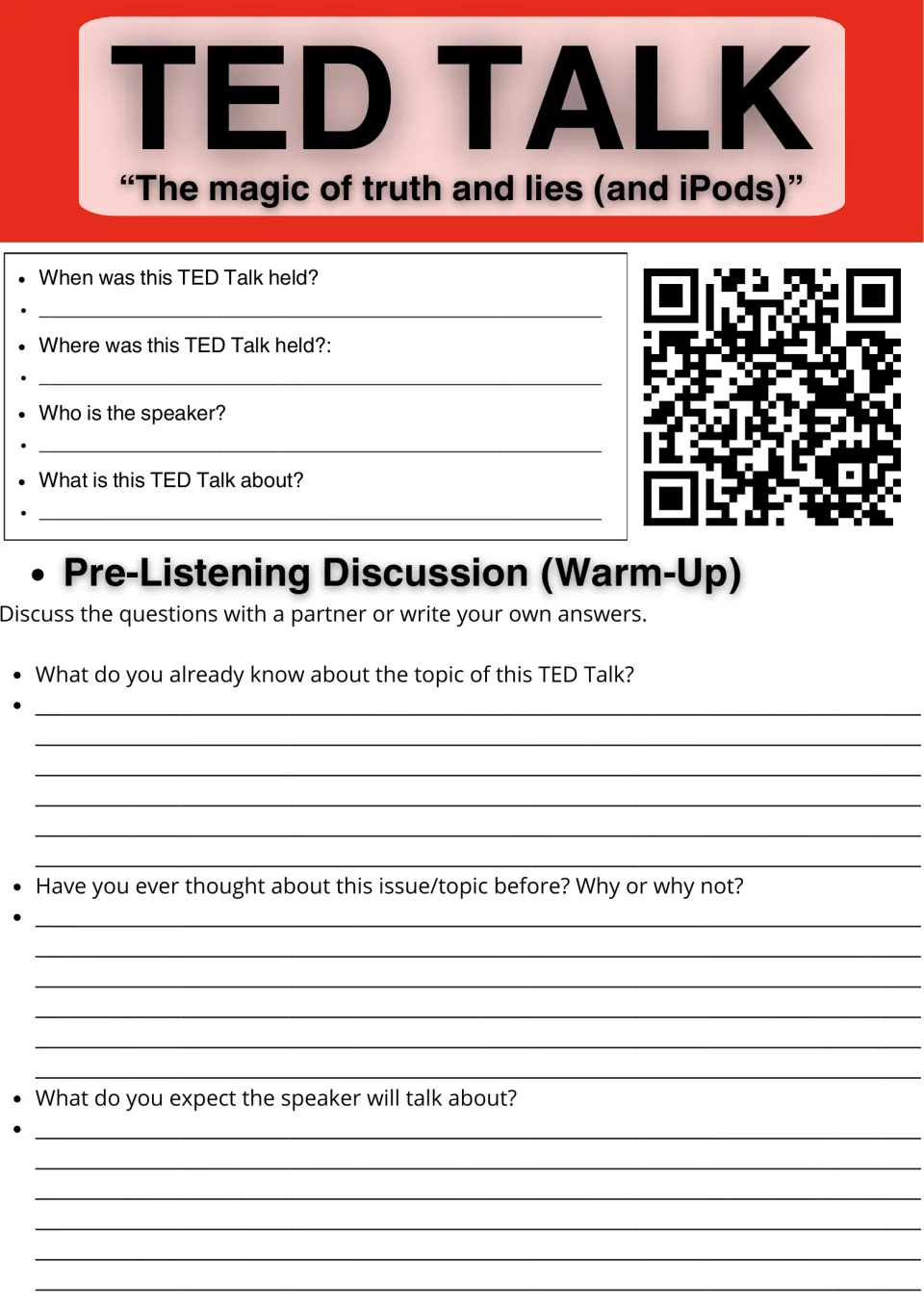 TED Talk on truth, lies and iPods: students note date, place and speaker, then answer pre-listening warm-up questions