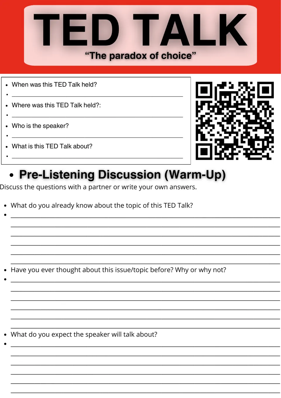 The Paradox of Choice TED Talk intro: students note when, where, who and topic, then answer pre-listening warm-up prompts
