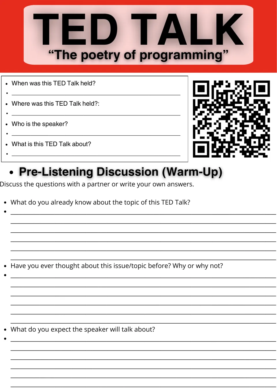 TED Talk "The poetry of programming": students note date, place, speaker and topic, then discuss 3 warm-up questions