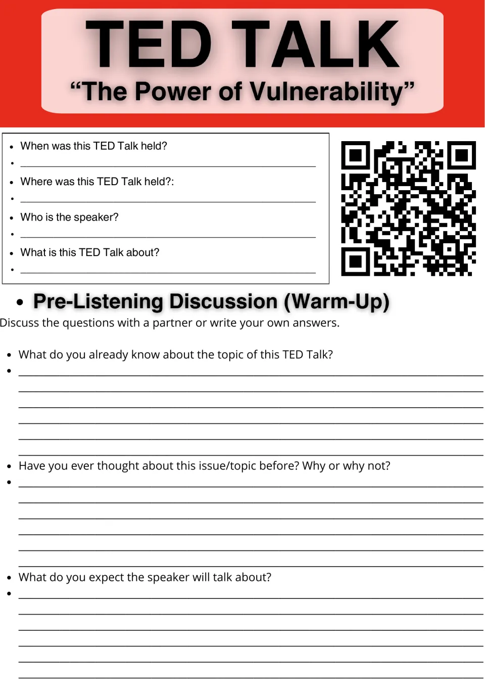 The Power of Vulnerability talk details and warm-up: students note date, venue and speaker, then predict the talk's content