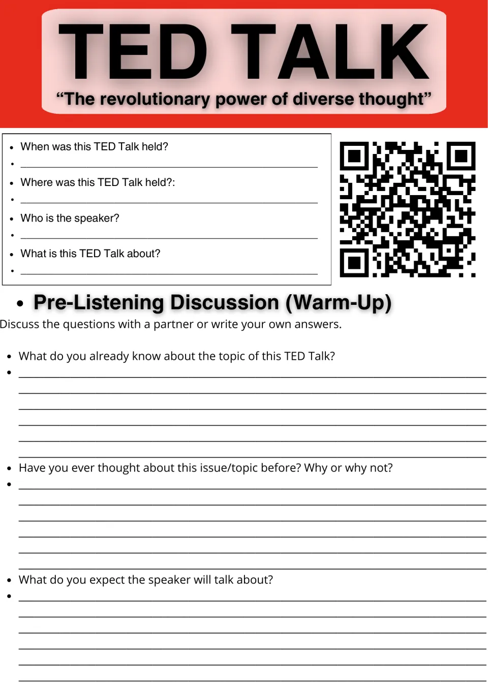 Diverse thought TED Talk warm-up: students record date, place and speaker, then answer three pre-listening questions