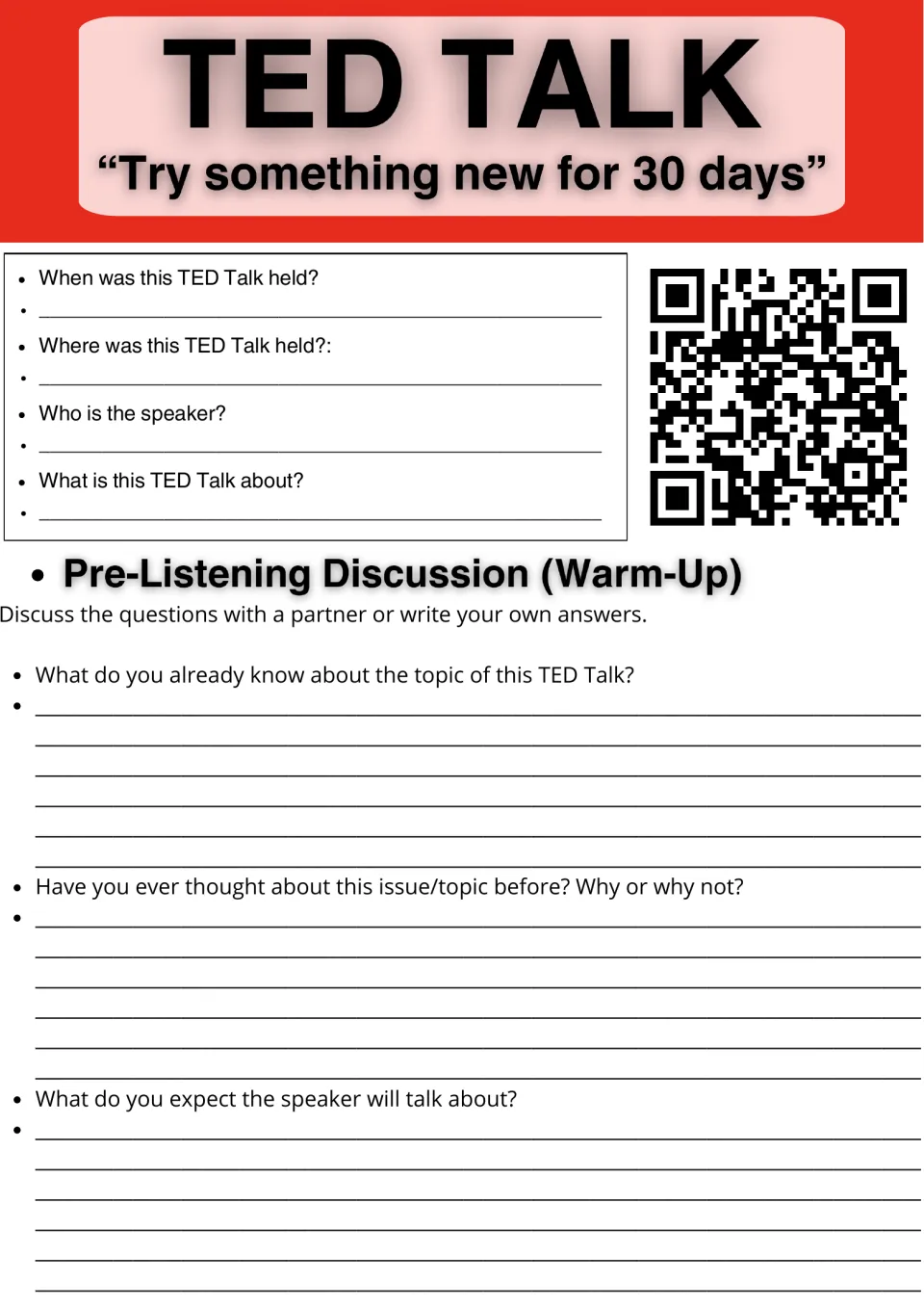 TED Talk "Try something new for 30 days": students record date, place and speaker, then answer three warm-up questions