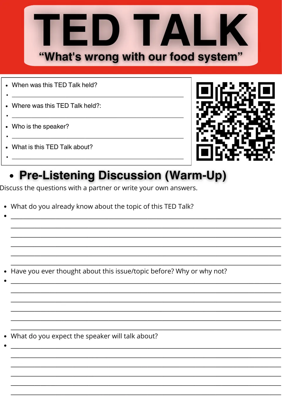 Food system TED Talk warm-up: students record date, place and speaker, then discuss what they know and expect