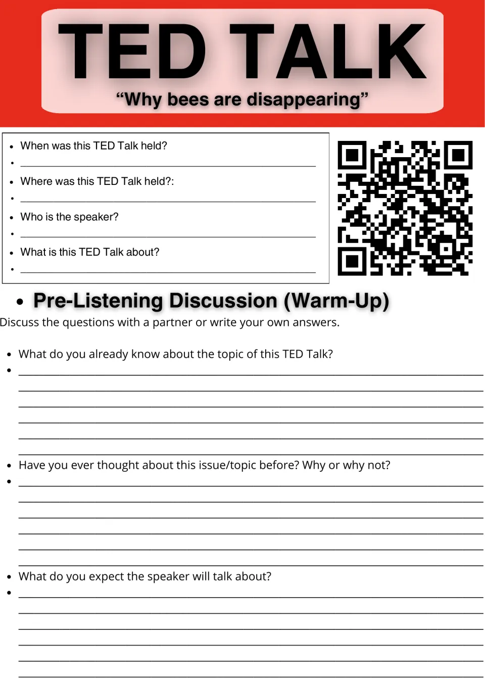 Why bees are disappearing TED Talk warm-up: students record talk details and answer 3 pre-listening questions