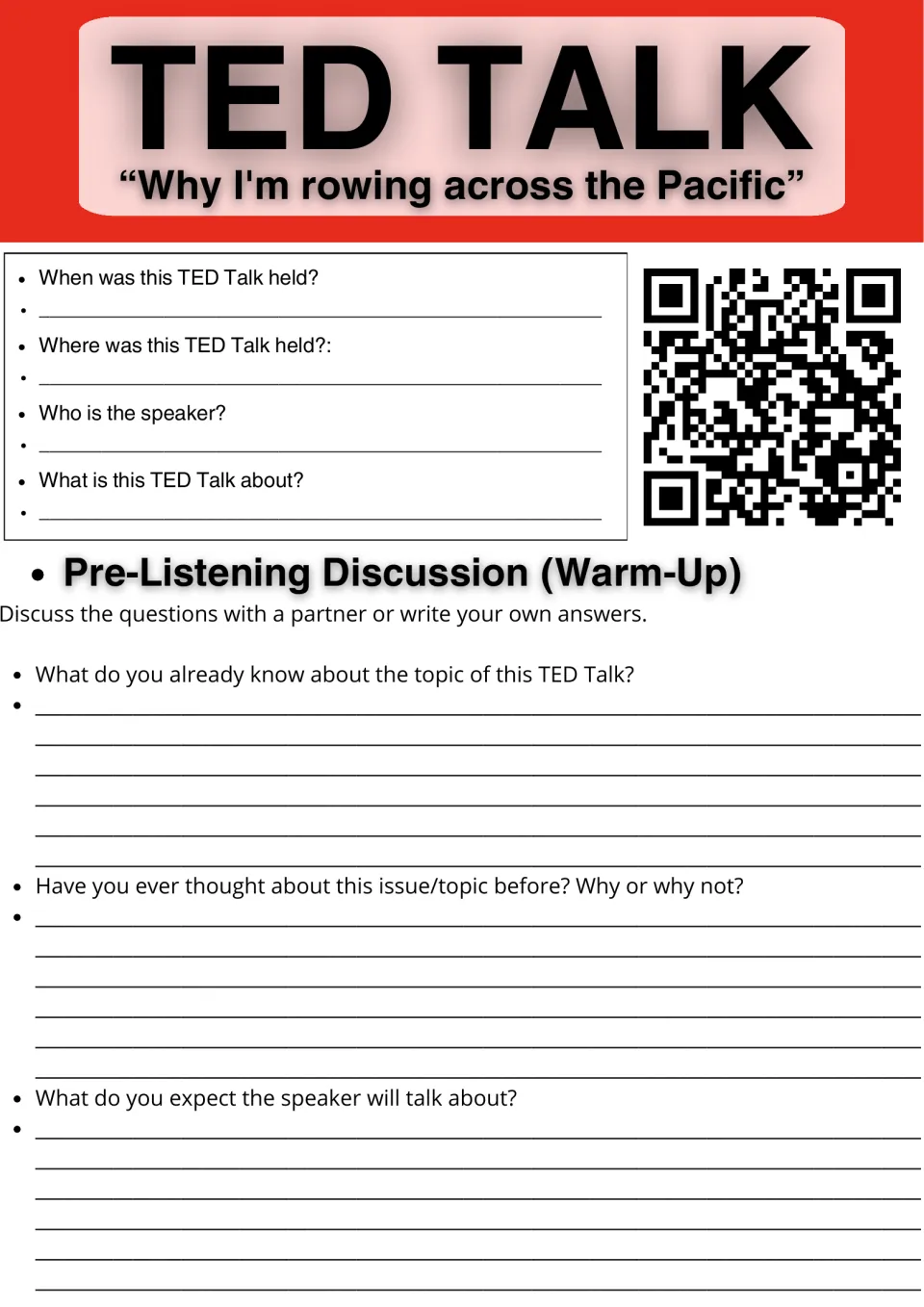 Rowing across the Pacific TED Talk warm-up: students record date, place and speaker, then answer 3 pre-listening questions