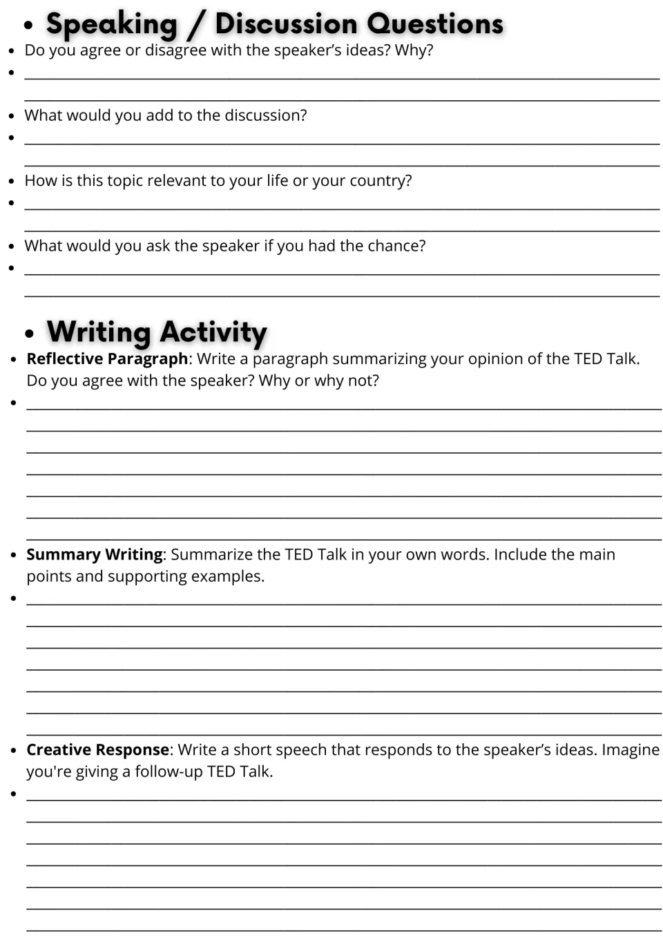 Post-listening discussion and writing: students answer four speaking questions, then write a reflection, summary and speech
