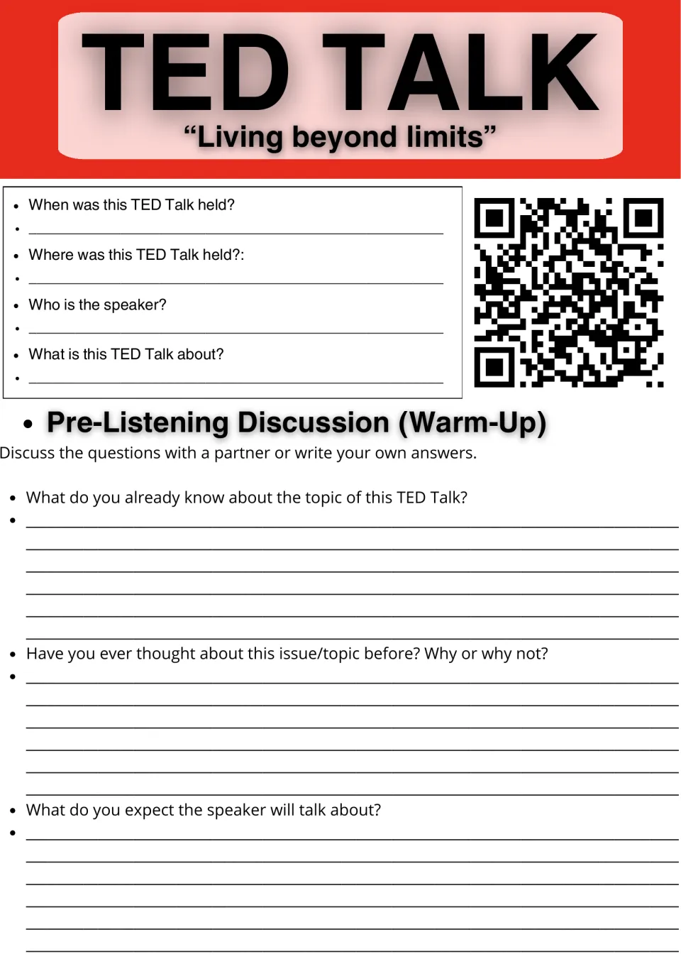 TED Talk "Living beyond limits" warm-up: students note when, where and who, then discuss what they know and expect