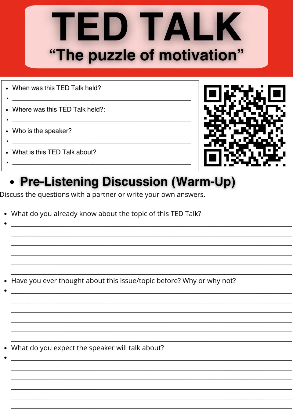 Puzzle of Motivation TED Talk warm-up: students record date, place, speaker and topic, then answer pre-listening questions