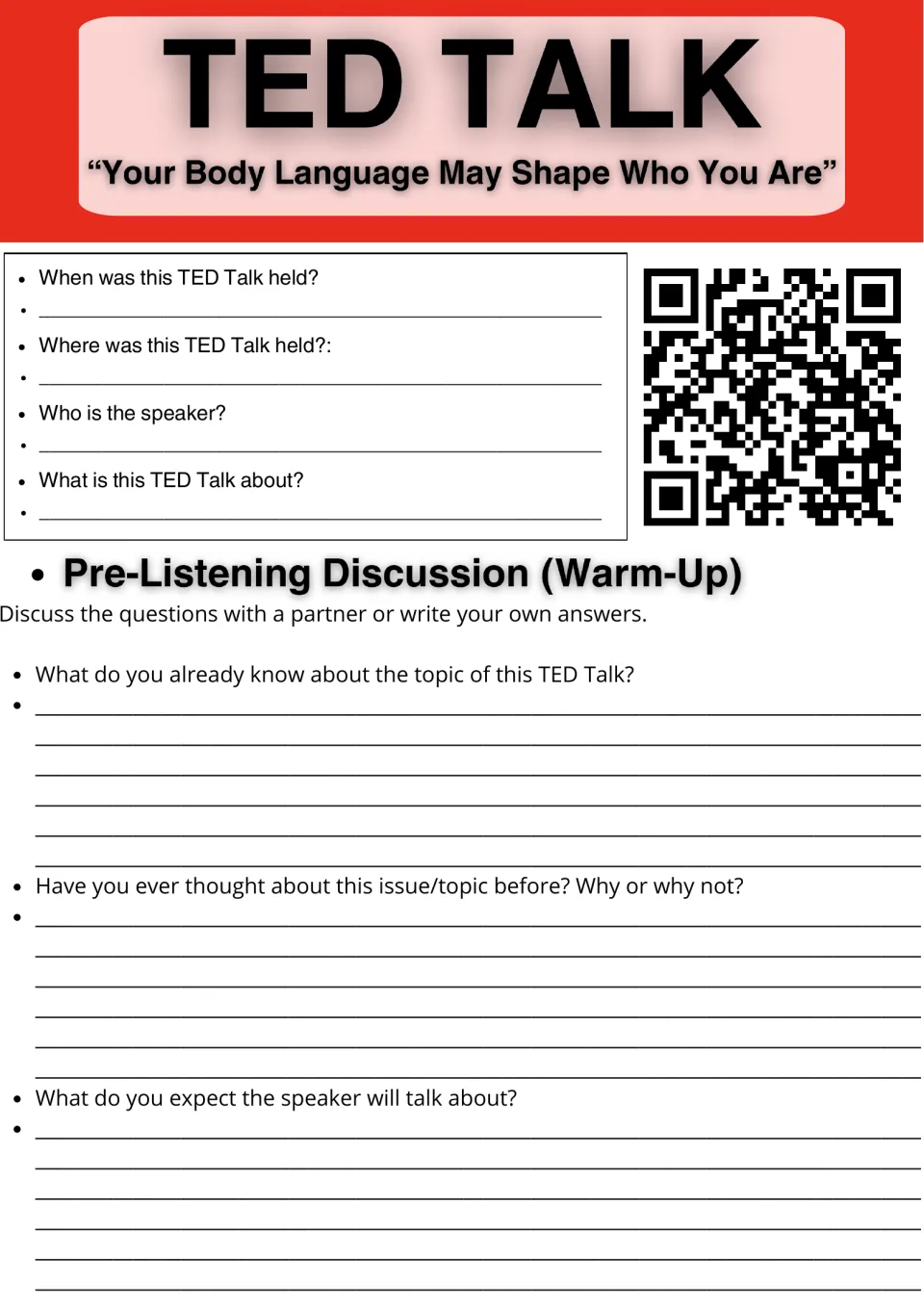 Body language TED Talk warm-up: students record date, place, speaker and topic, then answer three pre-listening questions