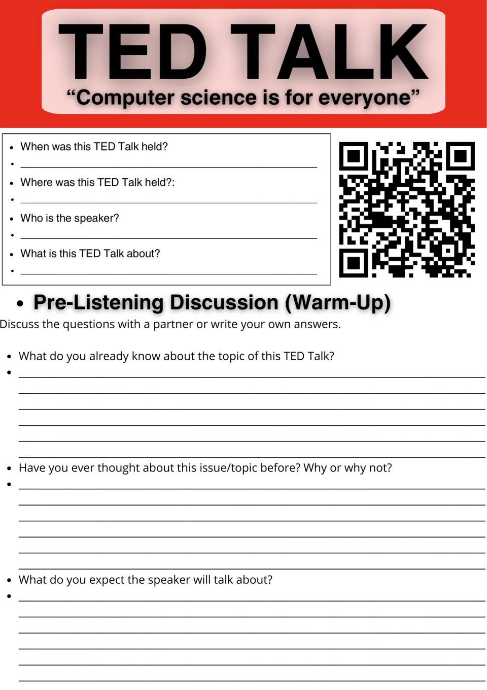 TED Talk "Computer science is for everyone": students note date, place, speaker and topic, then answer warm-up questions