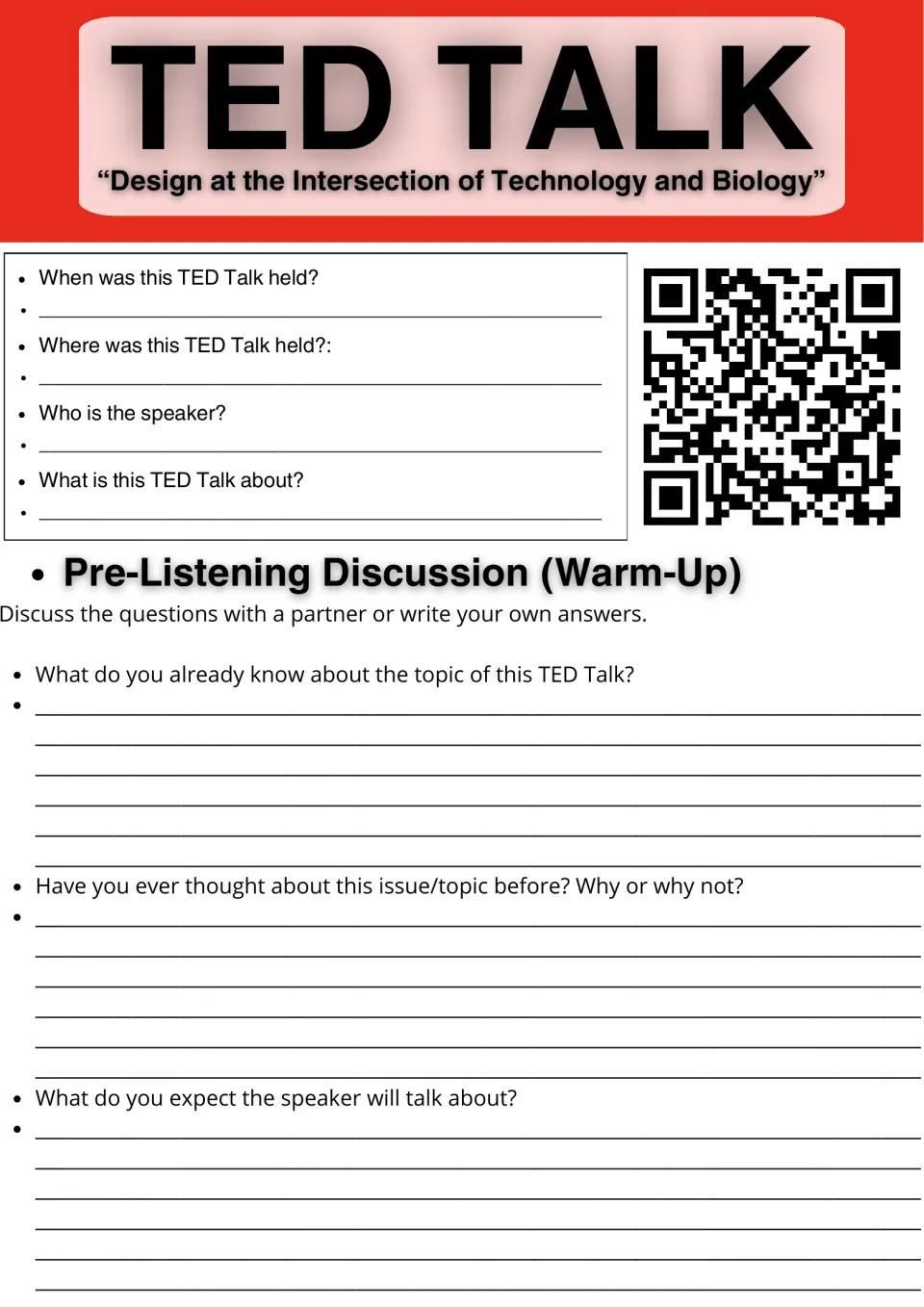 TED Talk on design, technology and biology: students note date, place and speaker, then answer 3 warm-up questions