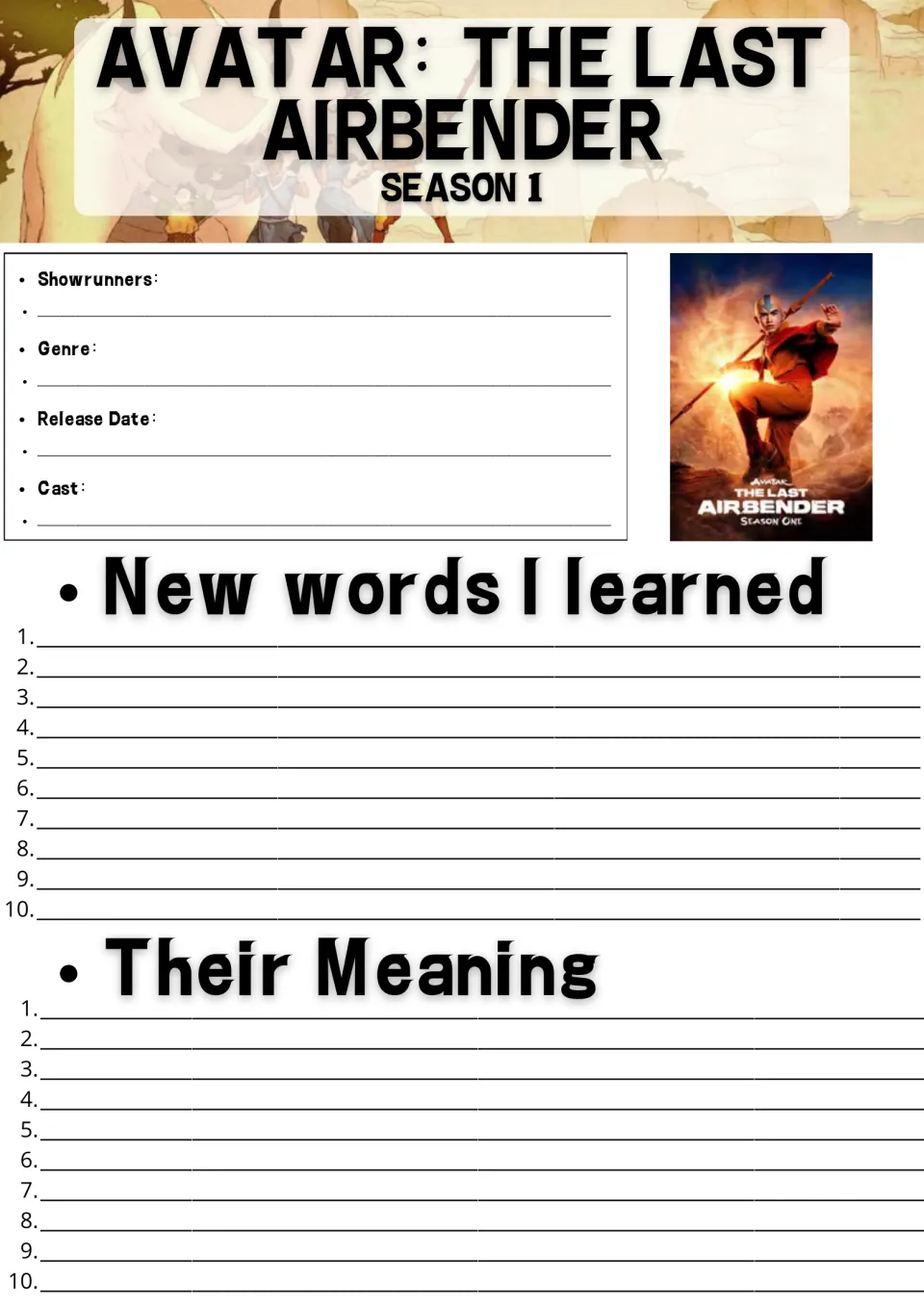 Avatar Season 1 vocabulary: students note showrunners, genre, release date and cast, then list 10 new words and meanings