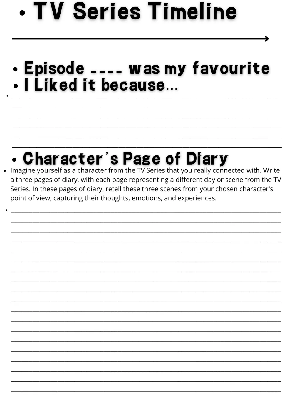 Series reflection: students name a favourite episode, explain why, then write diary pages retelling scenes as a character