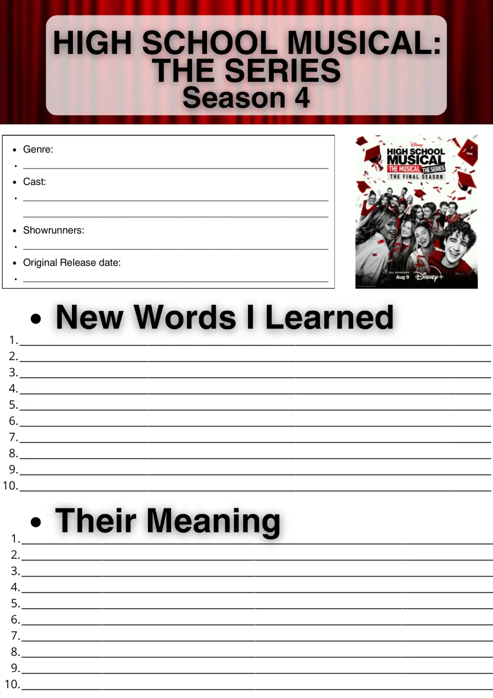 High School Musical: The Series Season 4 show facts: students note genre and cast, then list 10 new words and meanings
