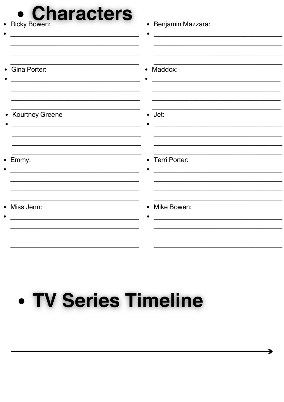 Character notes: students describe Ricky Bowen, Gina Porter, Miss Jenn and 7 others, then build a timeline of the season